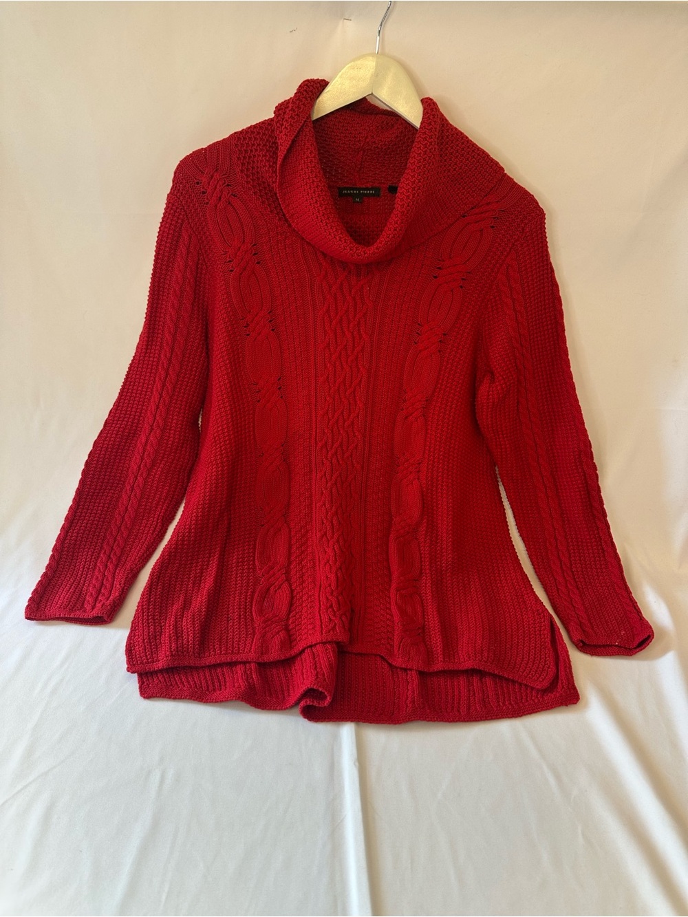 JEANNE PIERRE Red Cable Knit Cowl Neck Sweater